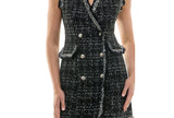 Trixxi  Fringe-Trim Boucle Sleeveless Faux Pocket Tweed Dress Black / White S