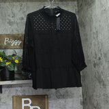 Belldini Mixed-Media Embellished Knit Peplum Top with Lace Sleeves Black 1X