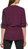Calvin Klein Womens Roll Sleeve Blouse w/Tie Waist M2FA8652 Aubergine Purple XS