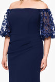 Xscape Plus Size Long Illusion Sleeve Off The Shoulder Dress Gown Navy Blue 14W