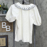 LC Lauren Conrad Womens Woven Embroidered Collar Button Up Shirt White / Black M