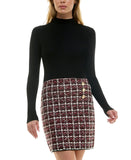 BCX Juniors Sweater Combo Tweed-Skirt Long Sleeve Dress Black / Red Multi 2XL