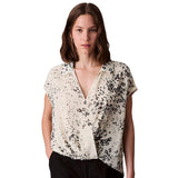 Calvin Klein Womens Printed Chiffon Faux-Wrap Cap-Sleeve Top Light Gray Print M