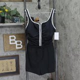 Mimi Flamingo Zipper One-Piece Swimsuit with Shorts Overlay Black / White 14