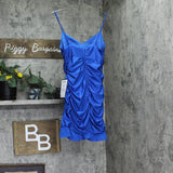 B Darlin Sleeveless Shirred Ruffled Trim Bodycon Cocktail Dress Ocean Blue L