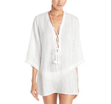 Robin Piccone Womens Woven V Neck Tunic Tie Front Top 222017 White S