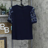 Cece Womens Scattered Daisy Puff Sleeve Knit Shirt 7021663 Navy Blue M