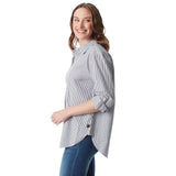 Gloria Vanderbilt Amanda Monogram Button Down Shirt Marine Navy Blue Stripe S