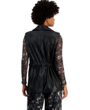 Bar III Womens Petite Faux-Leather Notched Collar Belted Vest Black PM