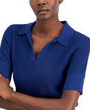 Alfani Pointelle Polo V-Neck Ribbed Knit Sweater Top Blazing Navy Blue M
