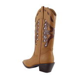 Madden Girl Shaft Faux Leather Stud Pointed Toe Western Boots Natural Brown 8M