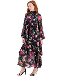 RACHEL by Rachel Roy Womens Mae Printed Tiered Maxi Dress Cascade Garden Black 8