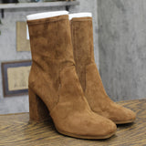 Kenneth Cole Jax Stretch Faux Suede High Heel Ankle Boots Cognac Brown 8M