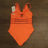 Becca Modern Edge Ribbed Cut-Out One Piece Swimsuit 541357 Coral Rose Orange L