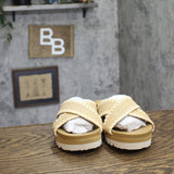 Bearpaw Criss Cross Raffia Crochet Embroidered Sandals Natural Tan Brown 8M