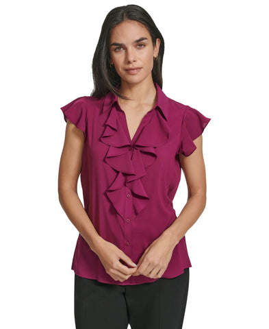 Calvin Klein Womens Ruffled Cap-Sleeve Blouse S46TG70A Jewel Purple M