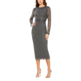 Mac Duggal Beaded Tea Length Dress Gown with Sheer Sleeves Charcoal Gray 8