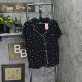 State Of Day Womens Fluid Knit Notched Pajama Set Deep Black Polka Dot L