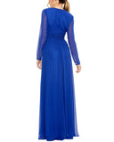 Ieena by Mac Duggal Twist Sheer Long Sleeve Maxi Dress Gown Sapphire Blue 10