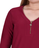 Ny Collection Womens Long Sleeve Crepe Knit Zipper V-Neck Tee Burgundy Red 1X