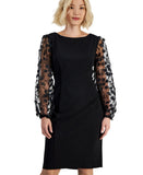 Connected Apparel Petite Long Sheer-Sleeve Applique Dress TLB37170P1 Black 4P