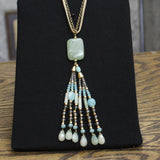 Fringe Tassel Pendant Necklace with Faux Leather Cord Tan Brown / Blue Multi 28"