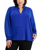 Calvin Klein Solid Ruffled-Collar Tie-Neck Top Klein Blue 3X