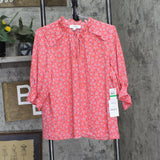 Cece Womens 3/4 Sleeve Tie Neck Floral-Print Blouse 7033067 Coral Pink L