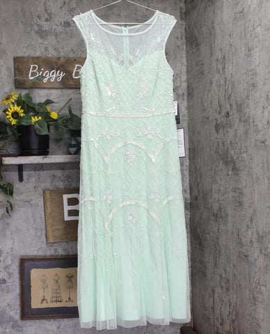 Adrianna Papell Sequin Beaded Midi Dress Gown Aloe Mist Green / Ivory 14