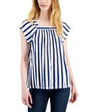 Style & Co. Square Neck Flutter Sleeve Striped Top 100148973MS Blue Stripe S