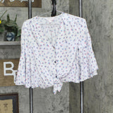 LC Lauren Conrad Womens Woven Tie Front Button Up Blouse Blue Floral M