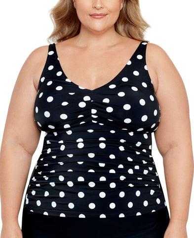 Swim Solutions Control V-Neck Polka Dot Tankini Swim Top Vintage Dotty Black 24W