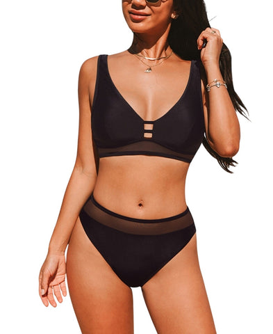 Cupshe Adjustable Straps Cutout Back Hook Mesh Bikini Top Bottom Set Black M