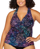 Island Escape Printed Halter-Back Tankini Swim Top Black / Pink Multi 18W