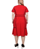 Ny Collection Womens Plus Size Short Sleeve Piped Detail Dress Red / Black 1X