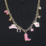 Avenue Womens Fashion Western Cowgirl Charm Necklace Gold / Pink Multi 18" + 3"