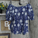 Anne Klein Off the Shoulder Embroidered Woven Blouse 10845297 Blue / White S