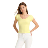 Wild Fable Womens Short Sleeve Double V-Neck Ribbed T Shirt Top Light Yellow L