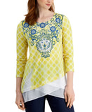 JM Collection Printed Medallion Garden Knit Blouse Top Primrose Yellow / Multi L