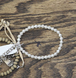 Christopher & Banks Pearl Bead Cord Chain Bracelets Tan Brown / White 7" + 3"