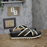 Bearpaw Criss Cross Woven Raffia Faux Leather Slide Sandals Black / Off White 7M