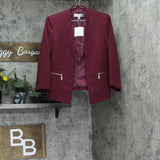 Kasper Stretch Crepe Open Collarless Zip Pocket Jacket Blazer Shiraz Red 4