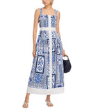Aqua Tile Print Button Front Maxi Dress IDM11816 Blue / White S
