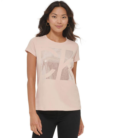 Calvin Klein Womens Short Sleeve Metallic Graphic T-Shirt M2XHJ824 Blush Pink L