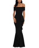 Betsy & Adam Womens Petite Off-The-Shoulder Mermaid Gown Black 6P