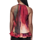 DKNY Printed High-Neck Sleeveless Blouse Shirt Top Brush Stroke Red Multi L