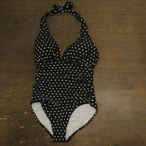 Lauren Ralph Lauren Womens Dot Halter One Piece Swimsuit Black / White 10