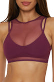 Becca Muse Mesh Overlay Convertible Bralette Bikini Swim Top Aubergine Purple D