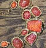 MCYS Ornate Stone Pendant Fashion Necklace Gold / Red / Orange 17" + 3"