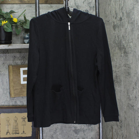 Denim & Co. Active Waffle Knit Zip Front Hooded Jacket A698025 Black L
